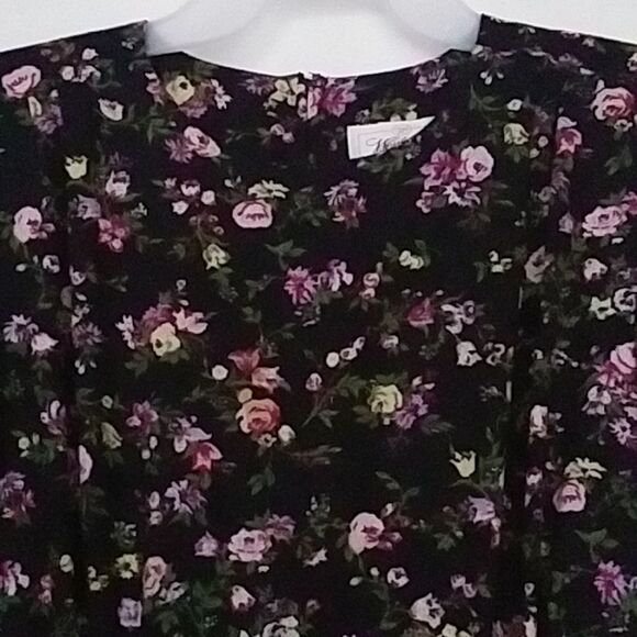 Worthington Dress Vintage 80s 90s Puffed 3/4 Sleeves Floral Pink on Black 10/12 - Picture 4 of 13